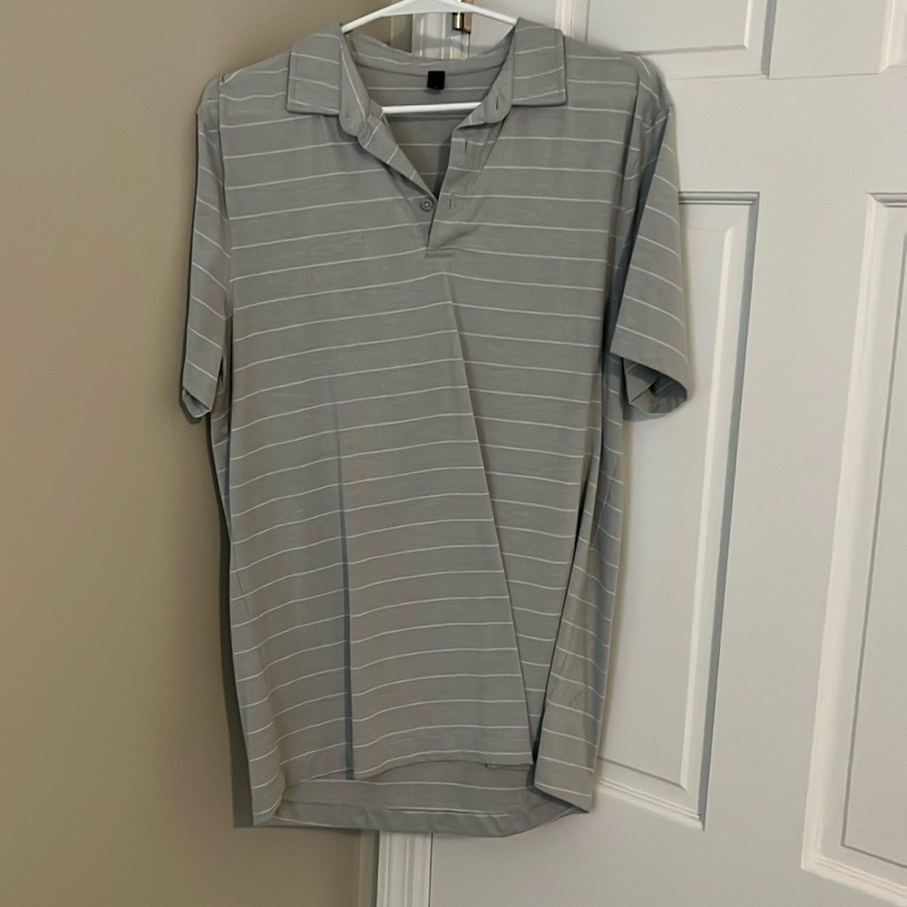 Gray/white striped lululemon performance polo size large
